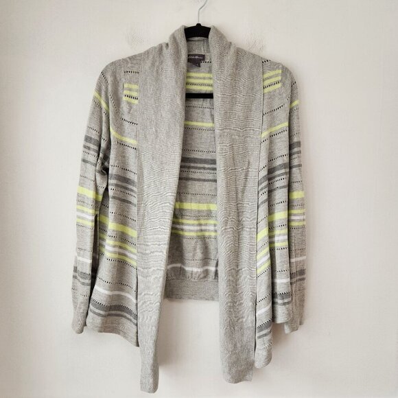 Eddie Bauer Open Front Cardigan Sweater Grey Striped Pointelle Knit Women's S - Picture 1 of 7
